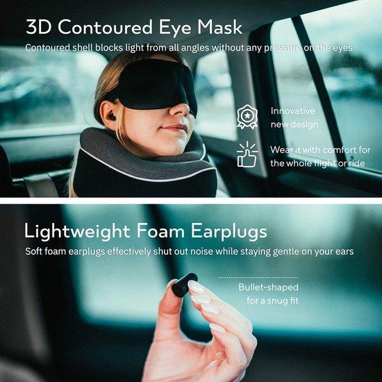 Nekkussen Memory Foam Reiskussen: Set met Slaapmasker Oordopjes Tas | Reis Accessoire Travel Pillow U-Vorm Traagschuim | Zacht Cover wasbaar | Hoofdkussen Vliegtuig Auto Bus Trein Vakantie Man Vrouw