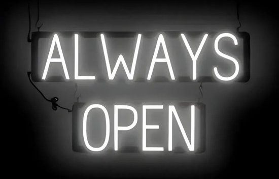 ALWAYS OPEN - Lichtreclame Neon LED bord verlicht | SpellBrite | 69 x 38 cm | 6 Dimstanden - 8 Lichtanimaties | Reclamebord neon verlichting