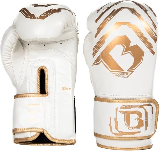 Twee witte bokshandschoenen met gouden print, merknaam en '10oz'.