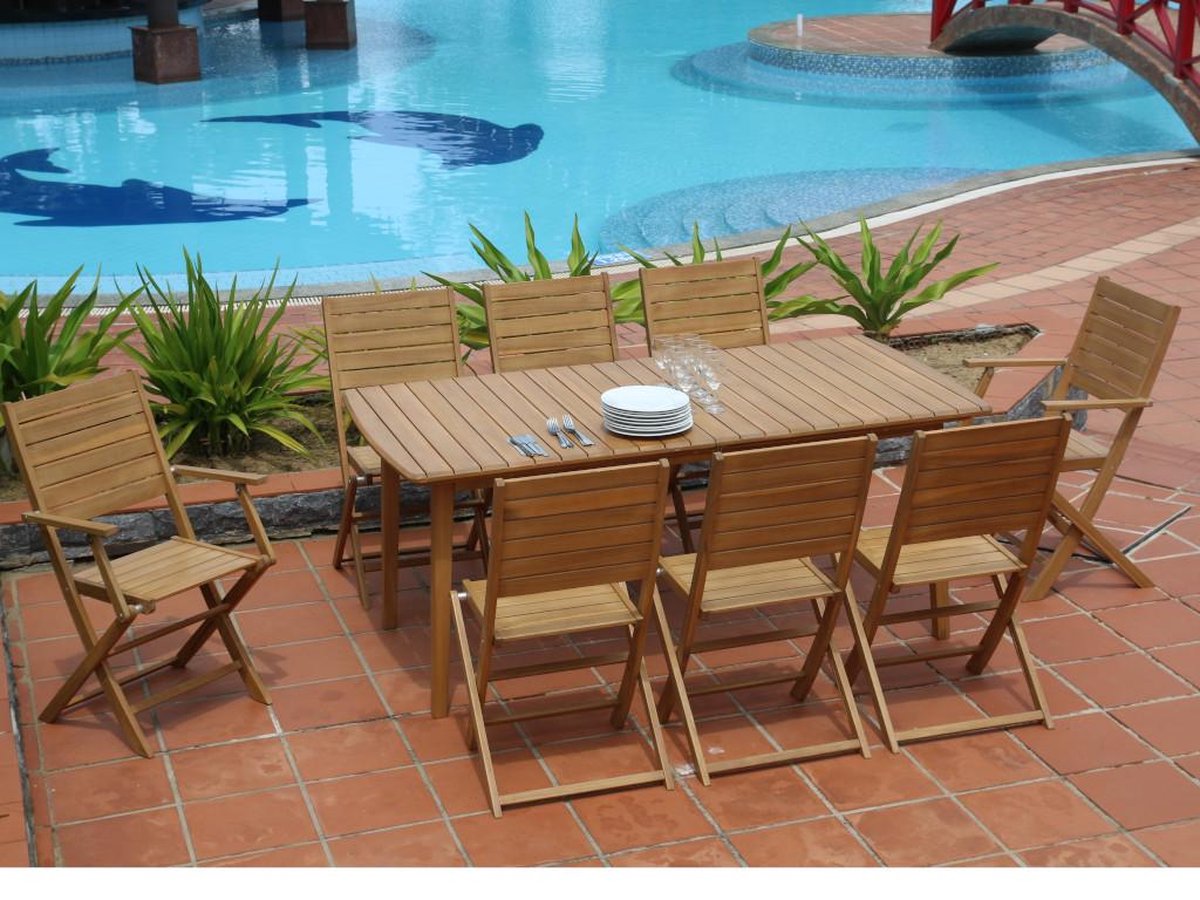 MYLIA Opvouwbare tuinsalon NEMBY in acacia: uittrekbare eettafel L180/240cm + 2 fauteuils + 6 stoelen L 240 cm x H 75 cm x D 90 cm