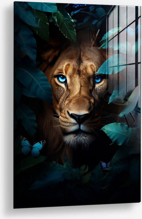 Wallfield™ - Jungle Lion | Glasschilderij | Muurdecoratie / Wanddecoratie | Gehard glas | 40 x 60 cm | Canvas Alternatief | Woonkamer / Slaapkamer Schilderij | Kleurrijk | Modern / Industrieel | Magnetisch Ophangsysteem