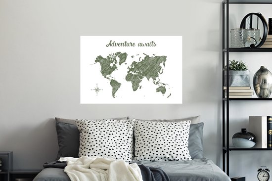 Sticker Muursticker Cartes du monde du monde vert foncé avec rayures et citation L'aventure vous attend - 90x60 cm - film adhésif autocollant - sticker mural repositionnable