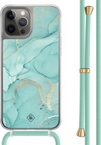Casimoda® hoesje met mintgroen koord - Geschikt voor iPhone 12 Pro - Marmer mint groen - Afneembaar koord - TPU/polycarbonaat - Mint