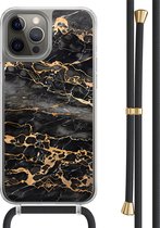 Casimoda® hoesje met zwart koord - Geschikt voor iPhone 12 Pro - Marmer Grijs Brons - Afneembaar koord - TPU/polycarbonaat - Grijs