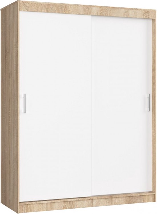 Kledingkast met Schuifdeuren - Roedestang-Legplanken- Hanggedeelte - 150cm-Lichteiken Wit