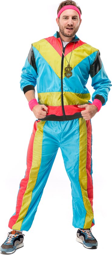 Original Replicas - Jaren 80 & 90 Kostuum - 80s Retro Trainingspak Nasa Carnaval - Man - Blauw, Geel, Roze, Multicolor - XXL - Carnavalskleding - Verkleedkleding