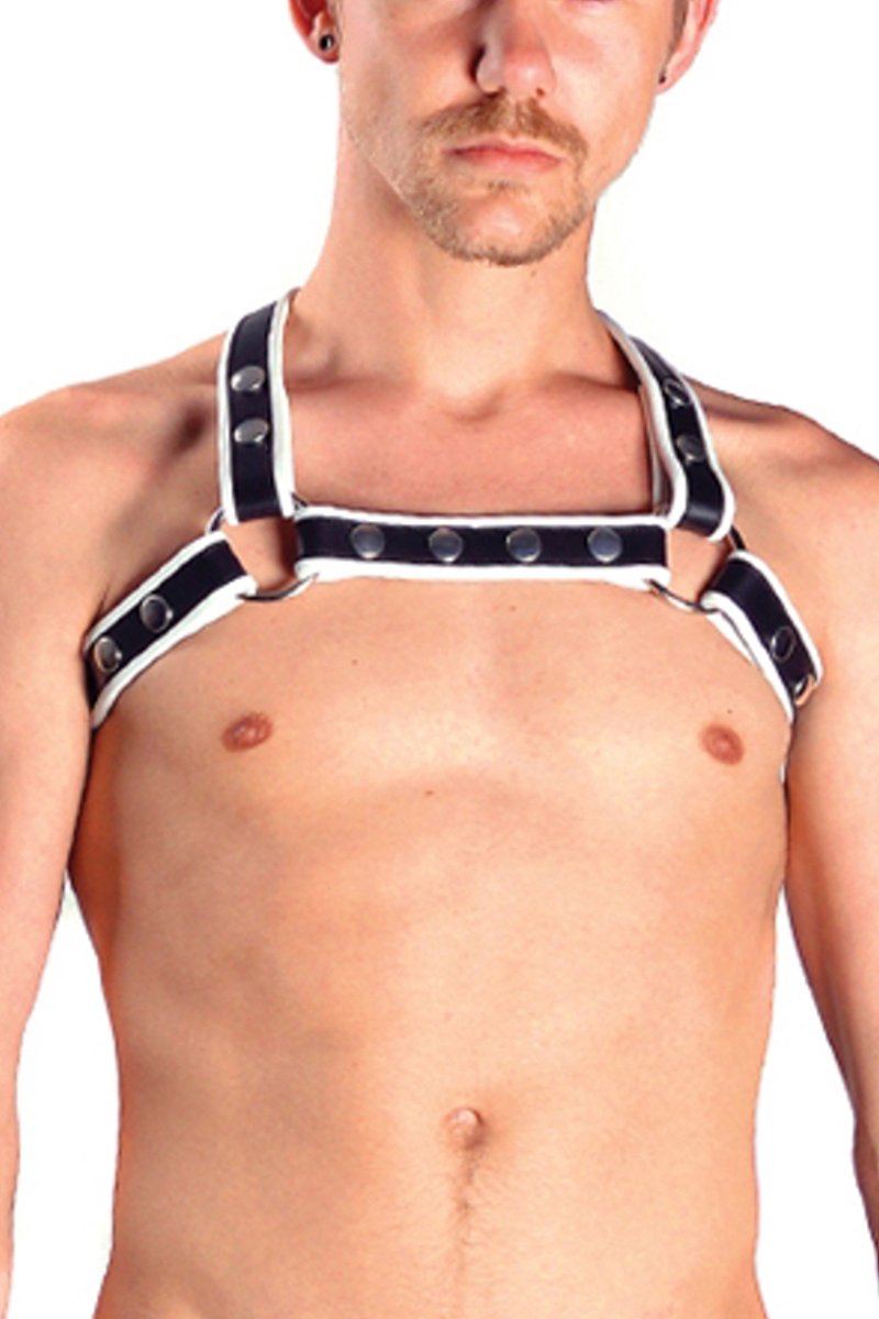 Mister B leren borstharnas met kruis achterkant - zwart/wit - s/m