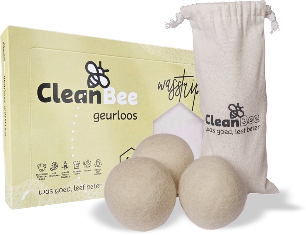 CleanBee® XXL Drogerballen 3 stuks met wasstrips 96 wasbeurten Geurloos - Wasmiddeldoekjes - Wasverzachter - Combipakket - Wasmiddel - Wasvellen - Detergent Sheets - Eco Laundry Strips - Microplasticvrij - Biologisch - Eco Wasstrips - Duurzaam