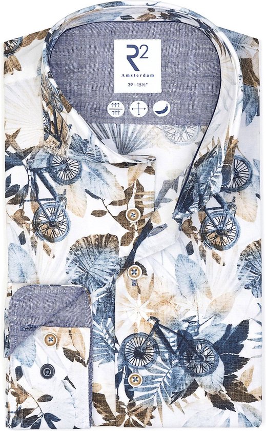 R2 Overhemd Extra Lange Mouwen Botanische Print Fiets Blauw Maat 40 Heren . bol