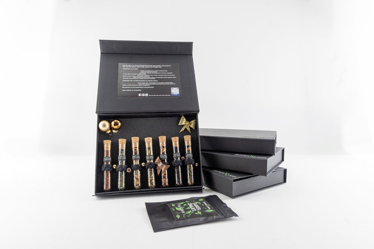 SuperMana Cadeaubox KERST 7 Elixirs, thee, cadeau, giftbox, high tea, thee proeverij, tea tasting, geschenkverpakking, verse thee, losse thee
