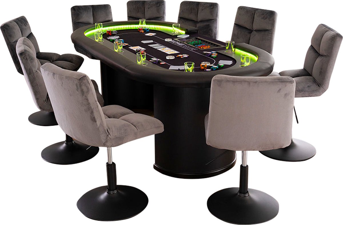 Pokertafel Met 8 stoelen Pokerkoffer Las Vegas LED-verlichting Pokerset Pokerkleed Bekerhouders 500 chips
