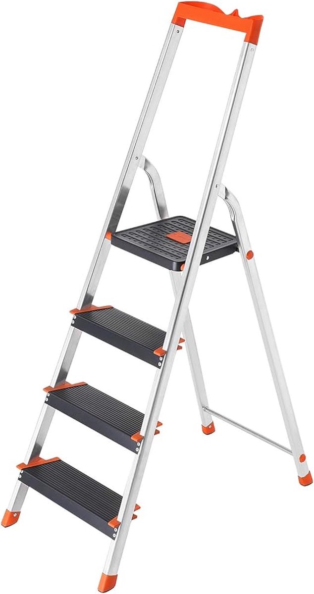 Hoppa! 4-treden ladder, aluminium met 12 cm brede treden, opvouwbaar, antislip treden en poten, 150 kg belasting