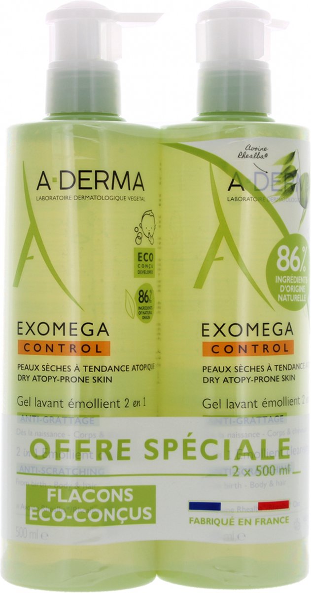 A-DERMA Exomega Control 2in1 Anti-Scratching Emollient Wash Gel Set van 2 x 500 ml