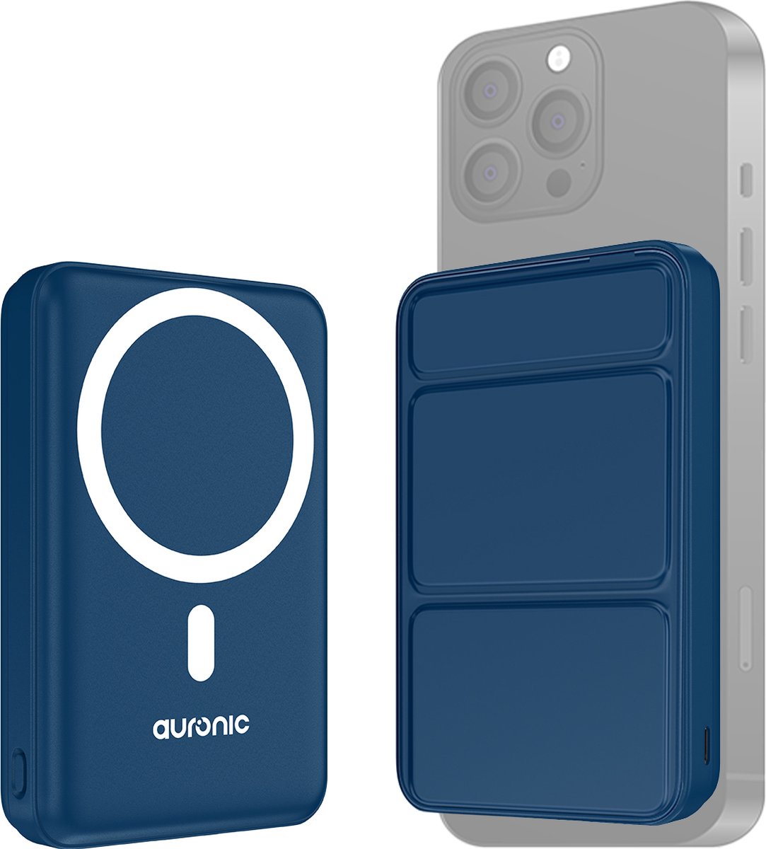 Auronic MagSafe Powerbank - 10.000 mAh - 22.5W - iPhone 12/13/14/15 snellader - Magnetisch en Draadloos opladen - Blauw