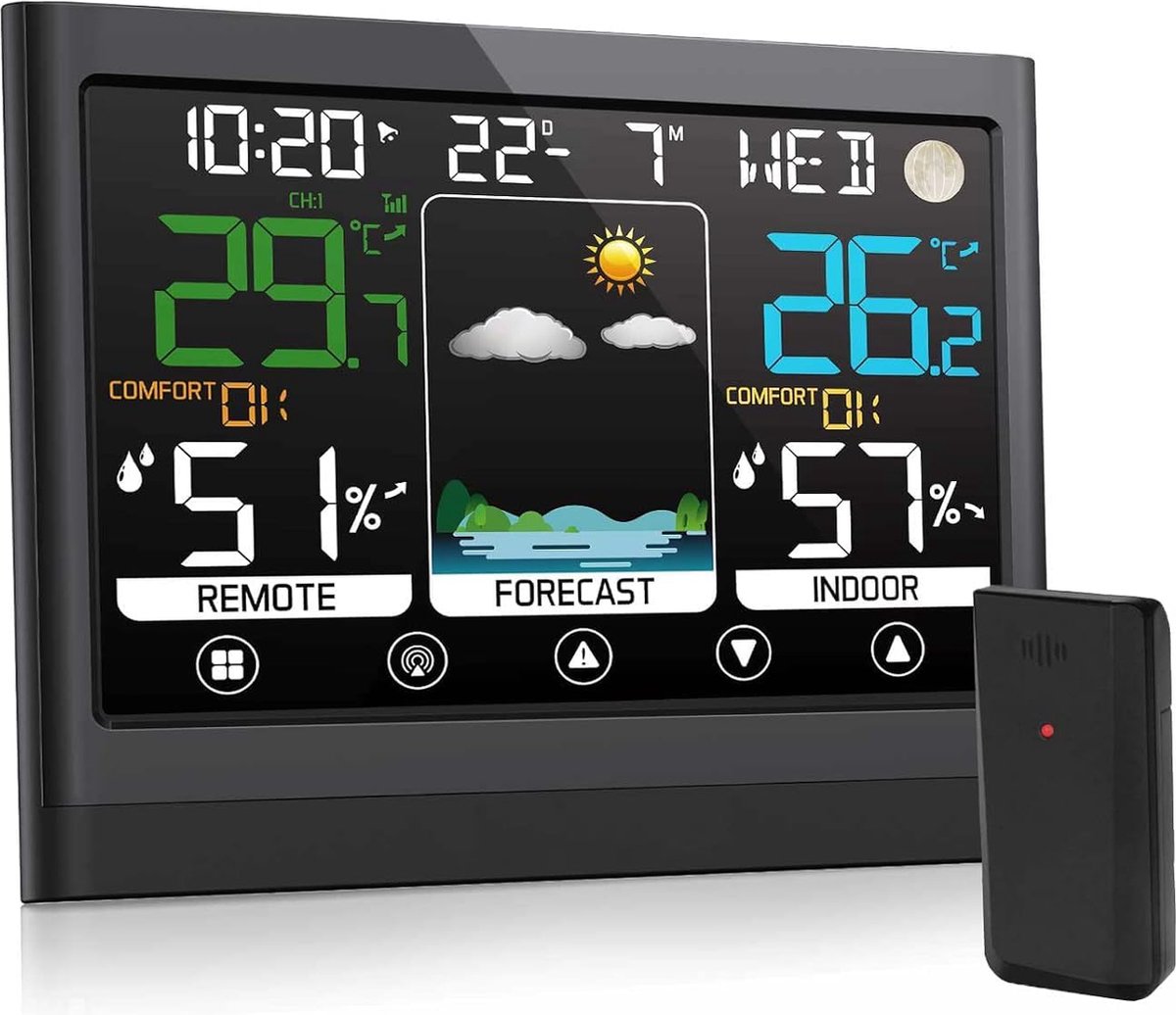 Nauwkeurig Weerstation met Buitensensor - Groot Kleurendisplay - Realtime Weersvoorspelling en Luchtvochtigheidsmeting - Weerstation voor Thuisgebruik - Weermonitor met Buiten Temperatuursensor