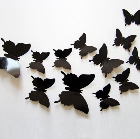 CHPN - Vlinders - Muurstickers - Muurdecoratie - Verschillende Afmetingen - Vlinders - 12 stuks - Zwart - Woondecoratie - Wooncadeau - Verschillende dessins
