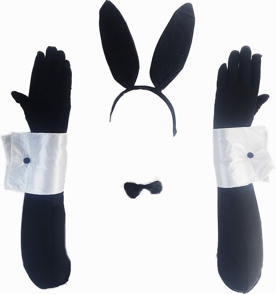 Zwarte konijnenoren, vlinderdas, manchetcovers en handschoenen op een witte achtergrond.