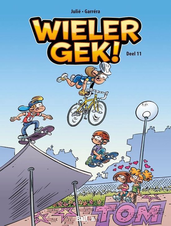 Wielergek! Volume 11. Des enfants font du skateboard et du vélo par une journée ensoleillée.