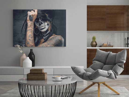 Canvas Schilderij - Vrouw - Tatoeage - Wanddecoratie - 60x40x2 cm