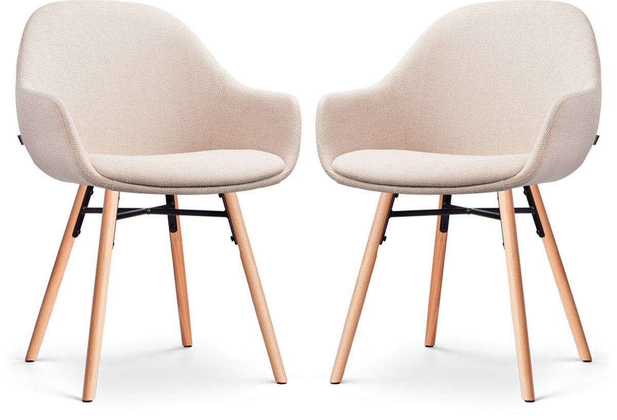 Nolon Nena-Mae Eetkamerstoelen Set van 2 Beige - met Armleuningen - Stof - Houten Poten - Design - Scandinavisch - Comfortabel Beige - Naturel onderstel