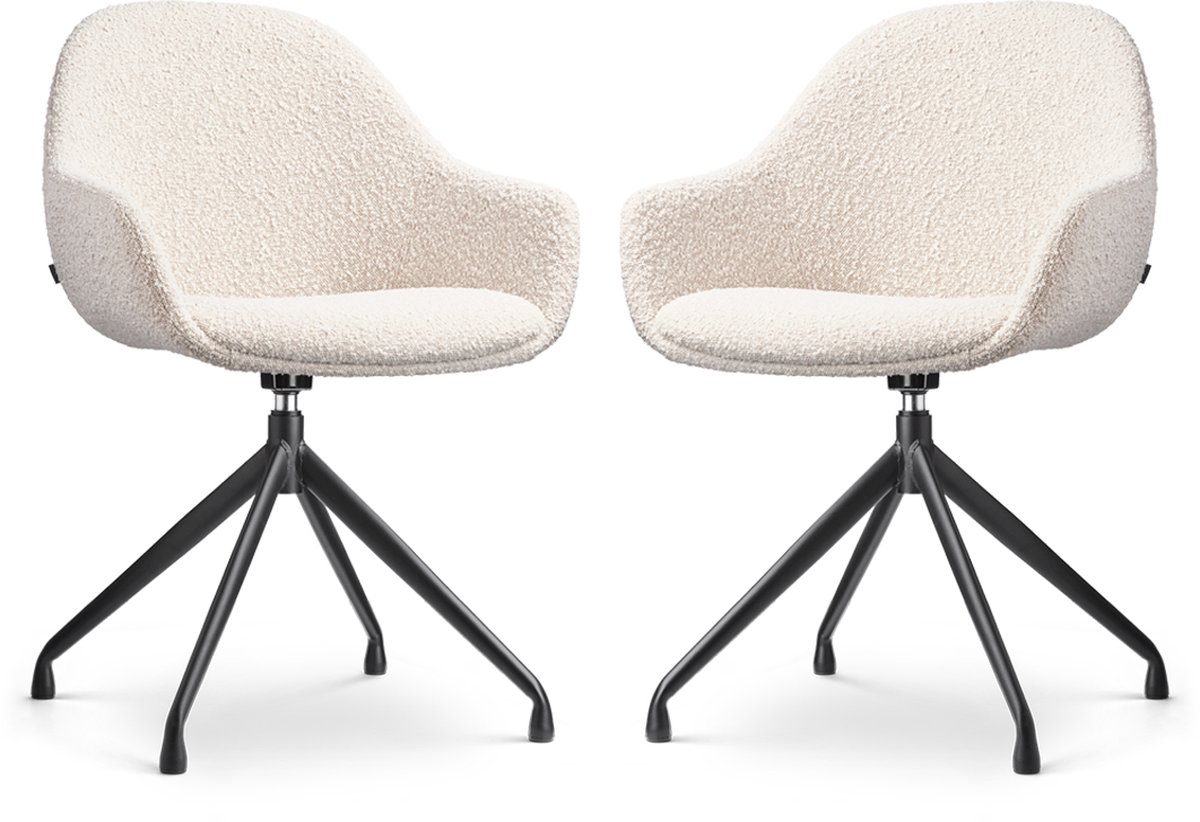 Nolon Nola-Mae Eetkamerstoelen Set van 2 Bouclé Beige - Draaibaar - met Armleuning - Stof - Zwart Onderstel - Design - Comfortabel Bouclé - Beige - Zwart onderstel