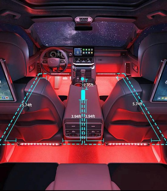 TABEN Auto-interieur Omgevingslicht 64 Kleuren APP Controle Auto-decoratie Sfeer Lichtset Waterdicht Glasvezel Sfeer Neon strip Koud licht 1W DC 12V-24V 3m