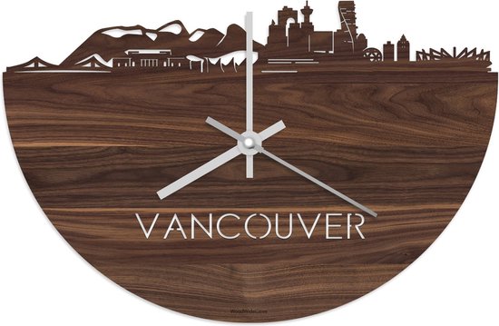 Skyline Klok Vancouver Notenhout - Ø 40 cm - Stil uurwerk - Wanddecoratie - Meer steden beschikbaar - Woonkamer idee - Woondecoratie - City Art - Steden kunst - Cadeau voor hem - Cadeau voor haar - Jubileum - Trouwerij - Housewarming - WoodWideCities
