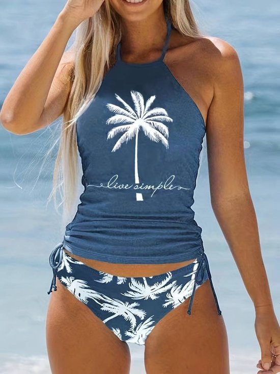 Fashion tankini set met kokospalm print- halster ronde hals trekkoord hoog uitgesneden 2-delig zwempak aan de zijkant-Badpak Bikini Zwemkleding Strandkleding- Blauw- Maat L