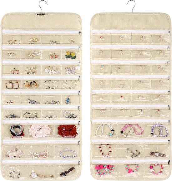Hangende sieradenorganizer met 66 vakken, dubbelzijdige kastoorbellen, voor hangende oorbellen, halskettingen, armbanden, ringen, opbergkast, kledingkast