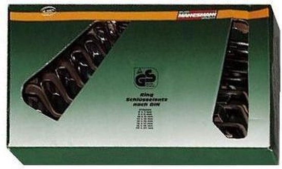 Doos met 8-delige ringsleutelset van Brüder Mannesmann, met maten van 8-22 mm.