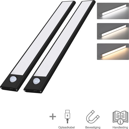 Cosy Casa® LED Verlichting - Kastverlichting - 2 stuks - Bewegingssensor - Magnetisch - 30cm - Zwart - USB C - Sensor - Oplaadbaar - Binnen - Nachtlamp