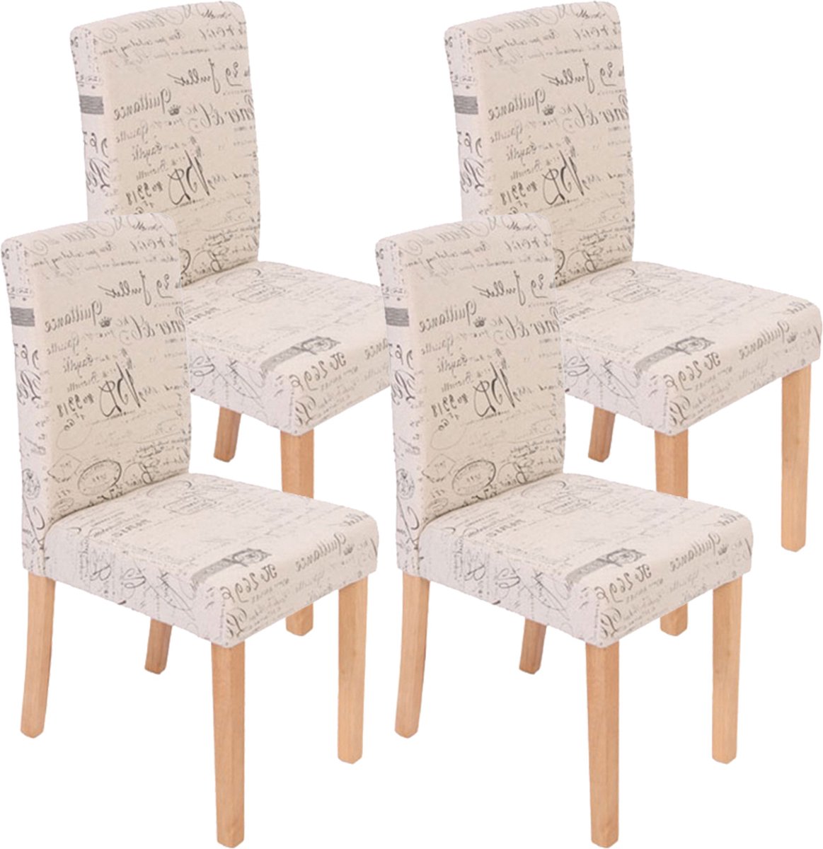 Cosmo Casa Set van 4 Eetkamerstoelen - Keukenstoelen - Textiel met Opschrift - Crème - Lichtkleurige Poten - 90 cm x 43 cm x 56 cm
