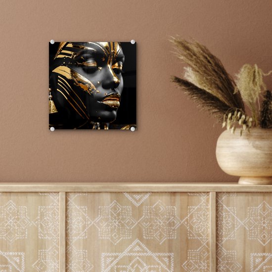 MuchoWow® Peinture sur verre 20x20 cm - Peinture sur verre acrylique - Femme - Or - Zwart - Portrait - Moderne - Abstrait - Photo sur verre - Décoration murale salon - Décoration murale chambre - Peintures