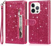 Portemonnee Hoesje - Wallet Case - Rits Sparkly Glitter - Telefoonhoes met Kord Geschikt voor: Apple iPhone 14 Pro - Roze