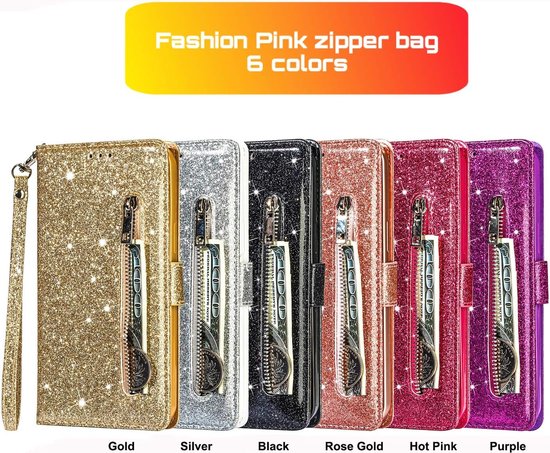 Étui portefeuille - Étui portefeuille - Fermeture éclair à Glitter scintillantes - Étui de téléphone avec Kord Convient pour : Samsung Galaxy A34 4G & 5G - Rose