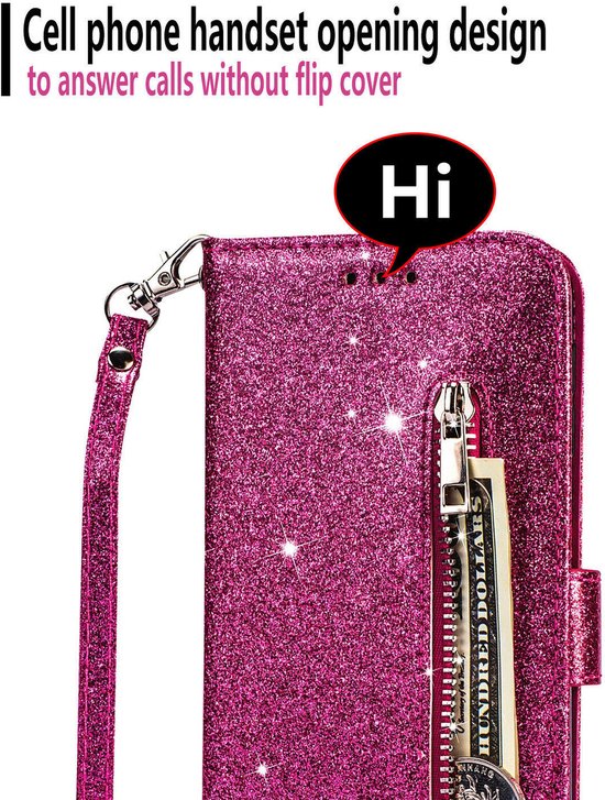 Étui portefeuille - Étui portefeuille - Fermeture éclair à Glitter scintillantes - Étui de téléphone avec Kord Convient pour : Samsung Galaxy A34 4G & 5G - Rose