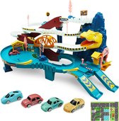 Dinosaurus Speelgoed Racebaan-autoracebaan voor kinderen met Musiek-dino, snelweg met 4 autospeelgoed en rails, dino, racebaan van 3 jaar-dinosaurus spoorweg auto - speelgoed gebogen weg- voertuig kinderen - Dinosaur Hill - cadeaus voor kinderen
