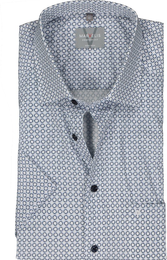MARVELIS comfort fit overhemd - korte mouw - popeline - wit met licht- en donkerblauw dessin - Strijkvrij - Boordmaat: 42