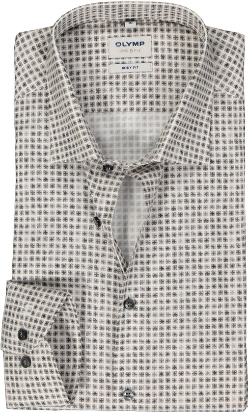 Chemise OLYMP Level 5 body fit - longueur des manches 7 - popeline - gris avec du blanc - motif vert et marron - Repassage facile - Taille de col : 43