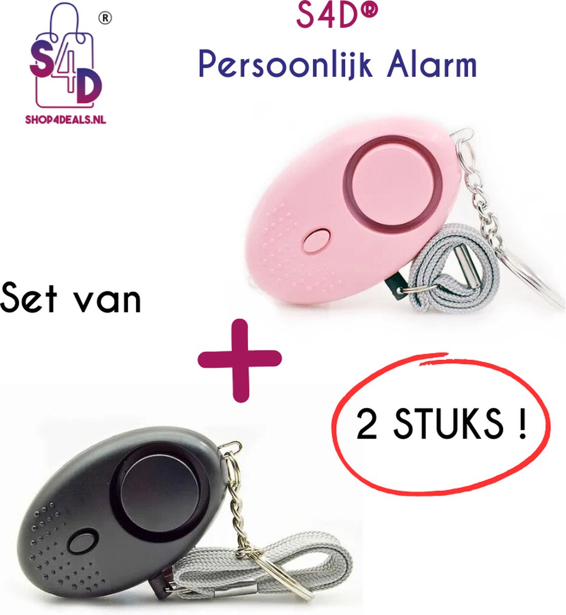 S4D® - Persoonlijk Zakalarm - Paniekalarm - Senioren Alarm - Veiligheid Alarm - Persoonlijke Alarmknop - Zelfverdediging Sirene - 130 Decibel - Incl. Batterijen - Met LED Zaklamp - Set Van 2 Stuks - Zwart + Roze