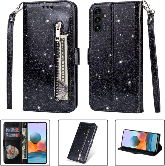 Étui portefeuille - Étui portefeuille - Fermeture éclair à Glitter scintillantes - Étui de téléphone avec Kord Convient pour : Samsung Galaxy S23 - Zwart