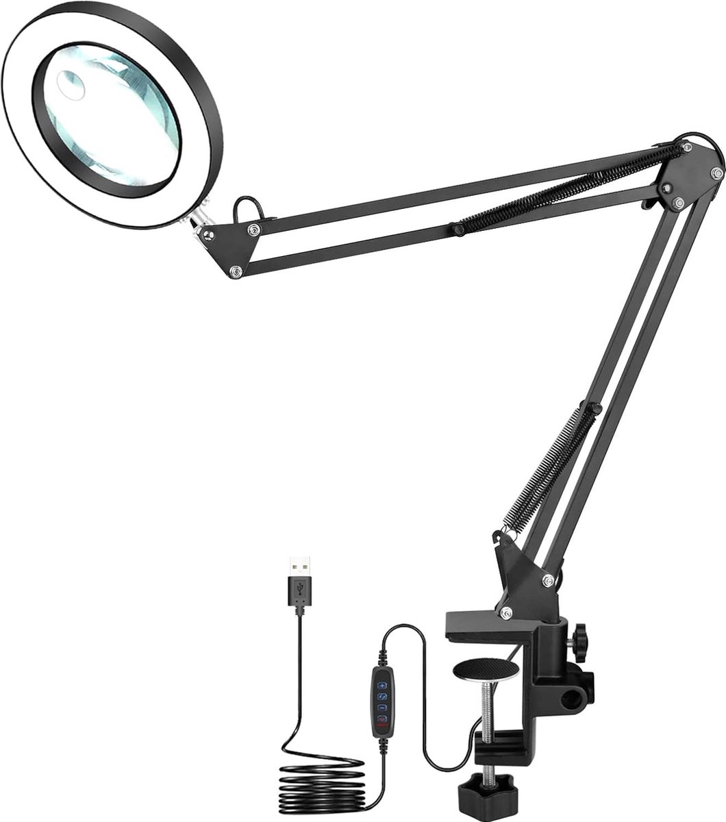 LED Vergrootglas Bureaulamp met Oogverzorgende Verlichting - Flexibele Zwanenhals - USB-aansluiting - Vergrootlamp voor Gedetailleerd Werk