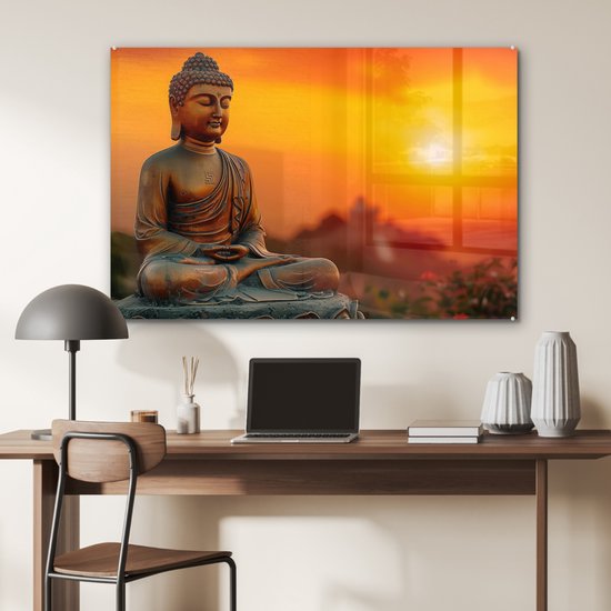 MuchoWow® Peinture sur verre 120x80 cm - Peinture sur verre - Bouddha - Image - Coucher de soleil - Bouddha - Zen - Japon - Photo sur verre acrylique - Décoration murale salon - Décoration murale chambre - Peintures