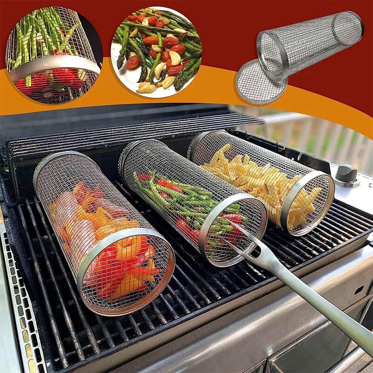 BBQ Rolling grillmand, RVS Barbecue accessoires, 30cm