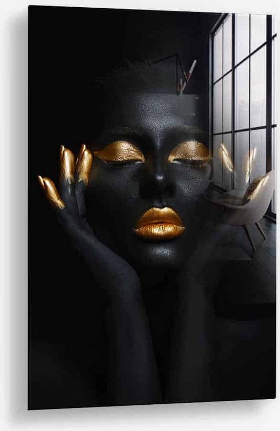 Wallfield™ - Golden Woman II | Glasschilderij | Muurdecoratie / Wanddecoratie | Gehard glas | 40 x 60 cm | Canvas Alternatief | Woonkamer / Slaapkamer Schilderij | Kleurrijk | Modern / Industrieel | Magnetisch Ophangsysteem