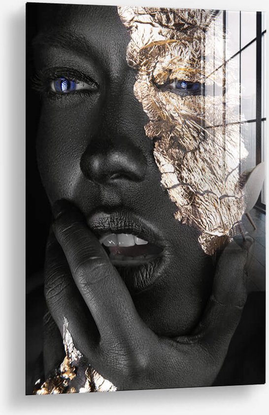 Wallfield™ - Face of Gold I | Glasschilderij | Muurdecoratie / Wanddecoratie | Gehard glas | 40 x 60 cm | Canvas Alternatief | Woonkamer / Slaapkamer Schilderij | Kleurrijk | Modern / Industrieel | Magnetisch Ophangsysteem