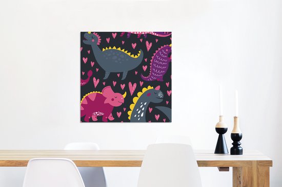 Wanddecoratie Metaal - Aluminium Schilderij Industrieel - Dinosaurus - Kind - Patronen - Roze - Meisjes - 50x50 cm - Dibond - Foto op aluminium - Industriële muurdecoratie - Voor de woonkamer/slaapkamer