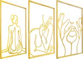 3 stuks metalen wanddecoratie, minimalistische abstracte vrouwenmuurkunst, moderne lijntekening, wanddecoratie, metaal, vrouwelijke enkele regels, voor slaapkamer en woonkamer (goud)