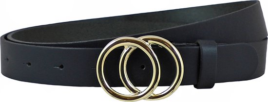Landley Zwarte Dames Riem met Dubbele Ringen Gesp - Gouden Ringen - 3 cm breed - Echt Leer - Zwart / Goud - Lengte totaal 145 cm / Riemmaat 125