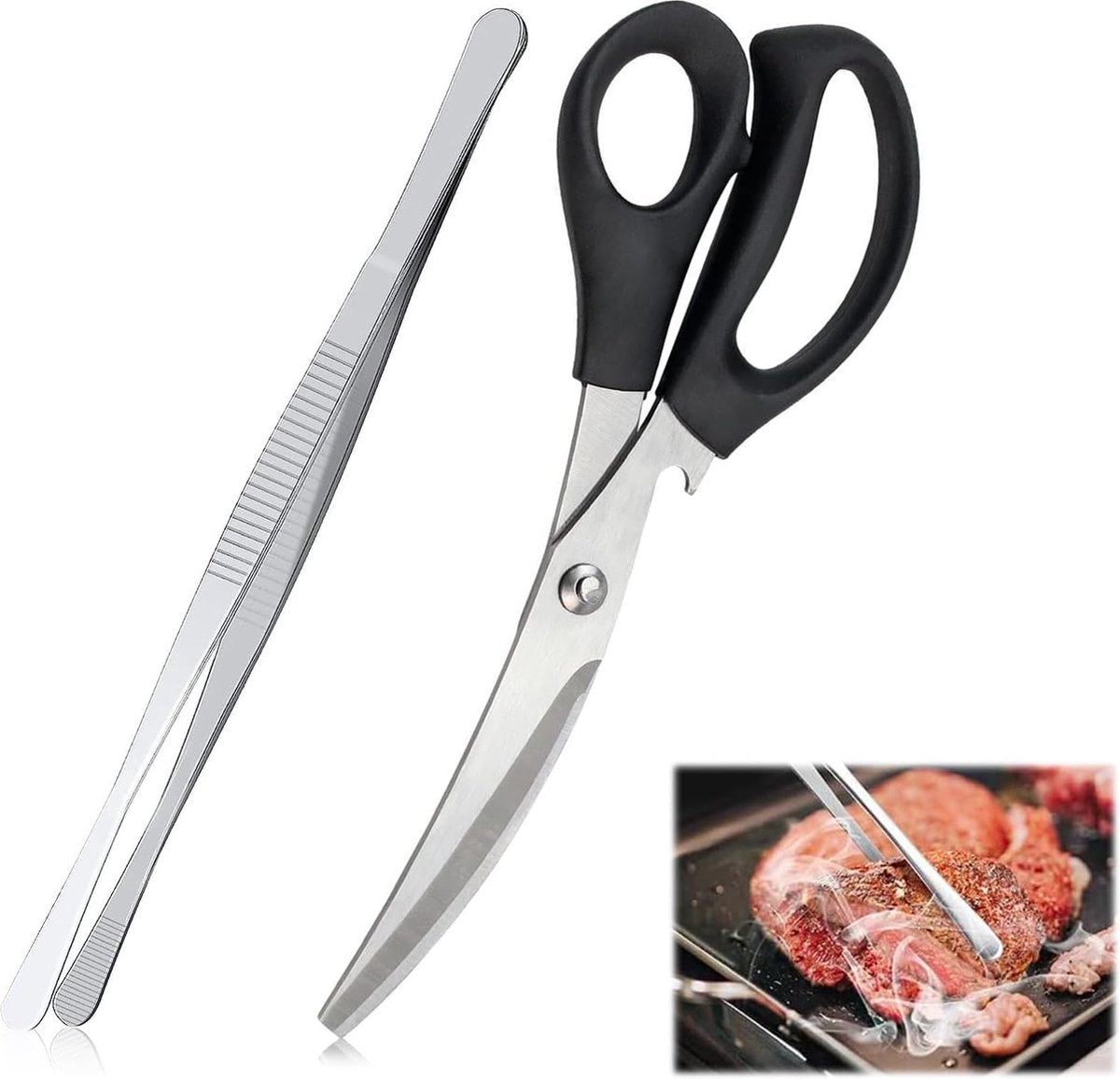 Goedkoopste Grillpincet, rechte vorm, ronde braadpincet van roestvrij staal, met grillschaar, scherpe huishoudschaar, handgrepen, comfortabel en eenvoudig vast te houden, perfect voor koks, familiefeesten